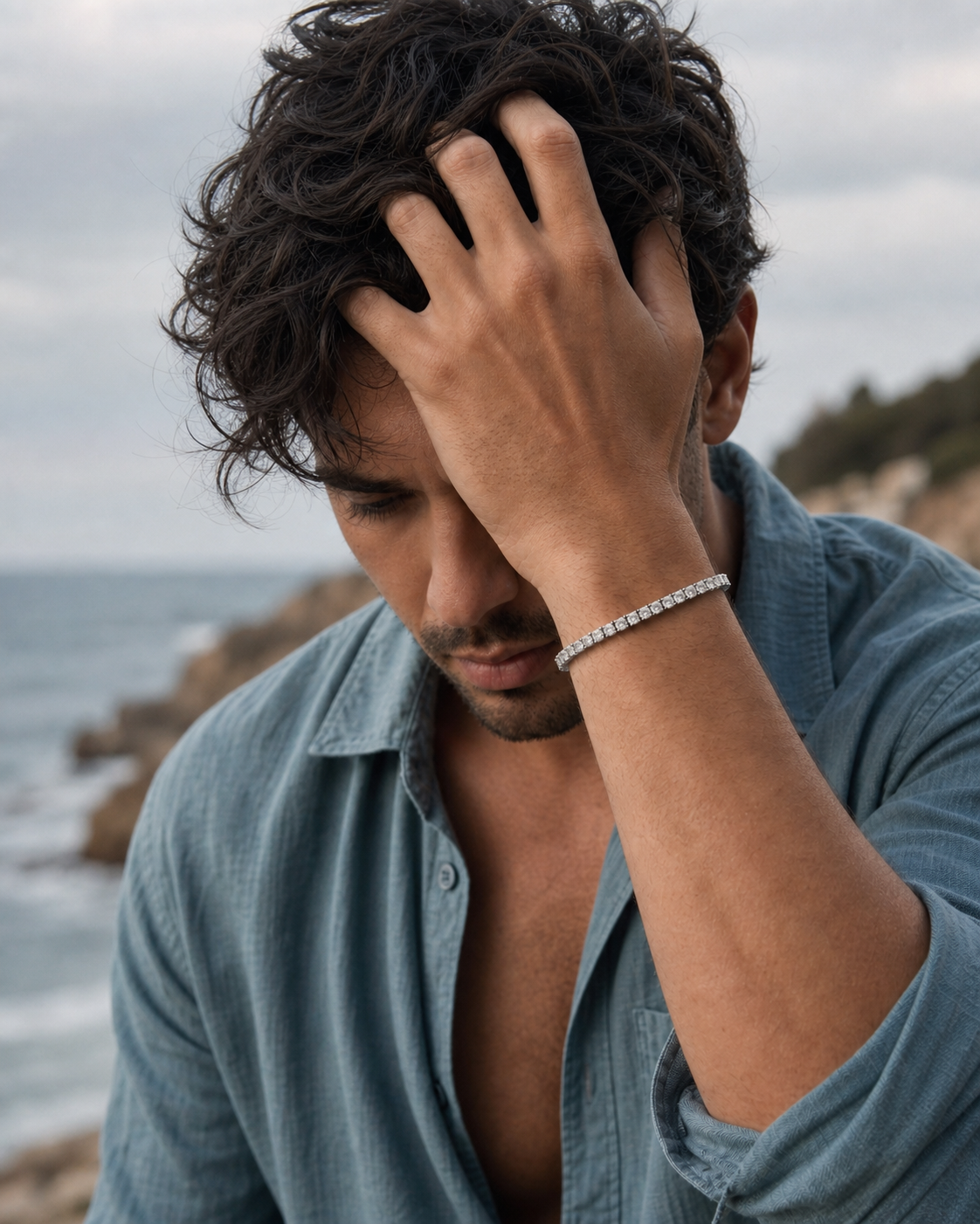 A man on a rocky beach wearing a silver tennis bracelet, with the ocean and cloudy sky in the background.