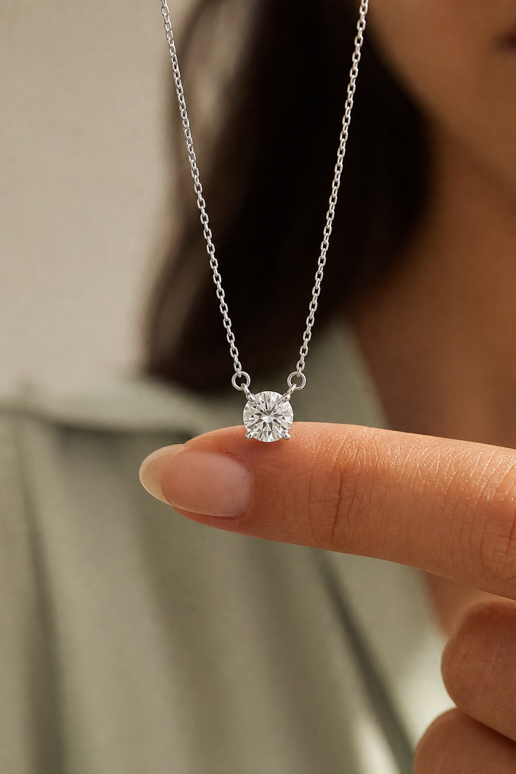 A close-up of a delicate silver chain necklace with a single round-cut clear gemstone pendant, held between a person's fingers against a softly blurred background.
